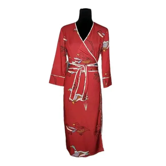 Rachel Antonoff Willow Mallard Duck Wrap Dress Red Novelty Animal Belted Midi S - Picture 3 of 10
